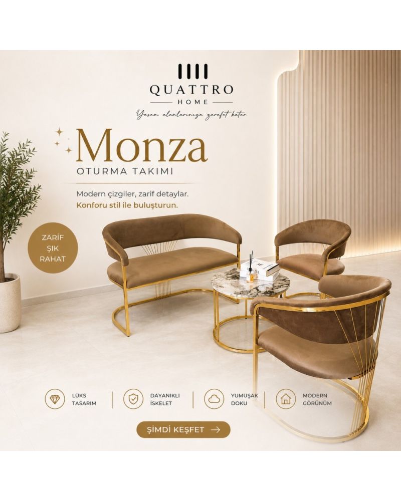 Monza Oturma Takımı Kahverengi Gold Lüks Tasarım 2+1+1