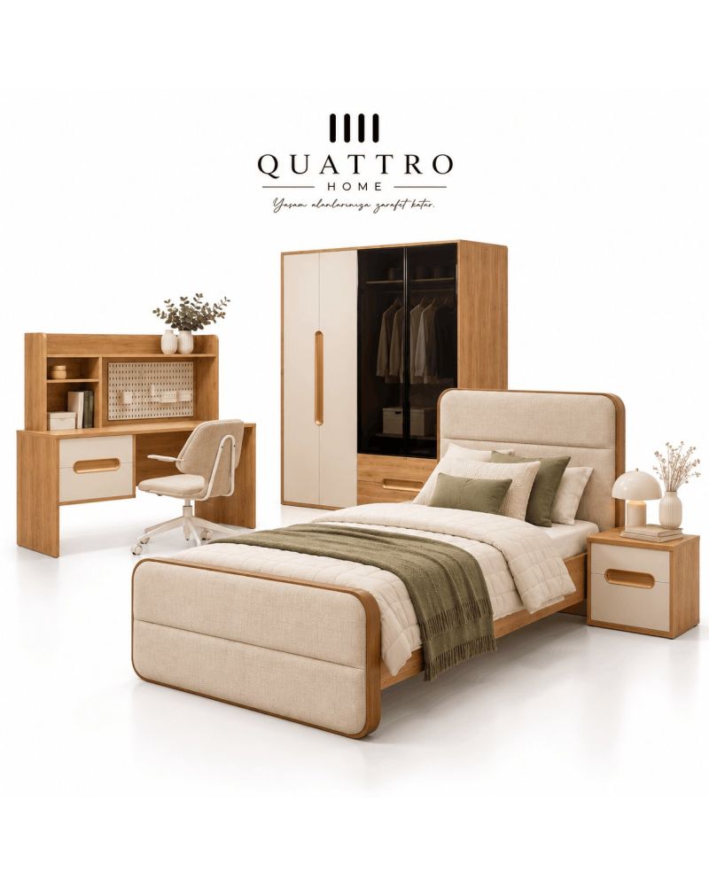 Vega Genç Odası (4 Kapılı Dolap+Karyola 100x200+Komodin+Çalışma Masası ve Üst Ünite+Kitaplık+Şifonyer+ayna )