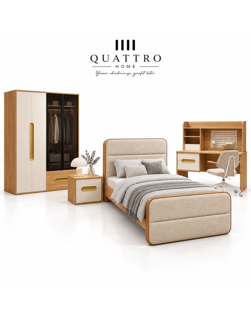 Vega Genç Odası (4 Kapılı Dolap+Karyola 100x200+Komodin+Çalışma Masası ve Üst Ünite+Kitaplık+Şifonyer+ayna )