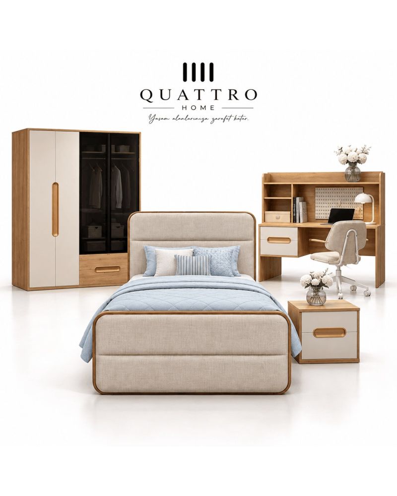 Vega Genç Odası (4 Kapılı Dolap+Karyola 100x200+Komodin+Çalışma Masası ve Üst Ünite+Kitaplık+Şifonyer+ayna )