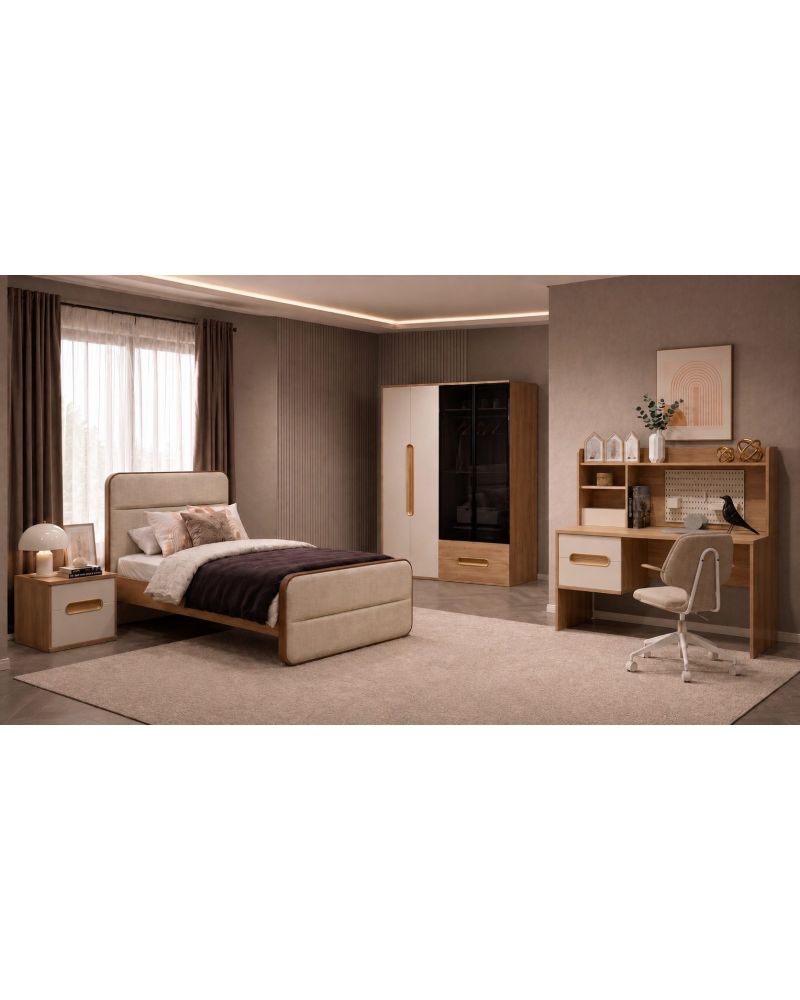 Vega Genç Odası (4 Kapılı Dolap+Karyola 100x200+Komodin+Çalışma Masası ve Üst Ünite+Kitaplık+Şifonyer+ayna )