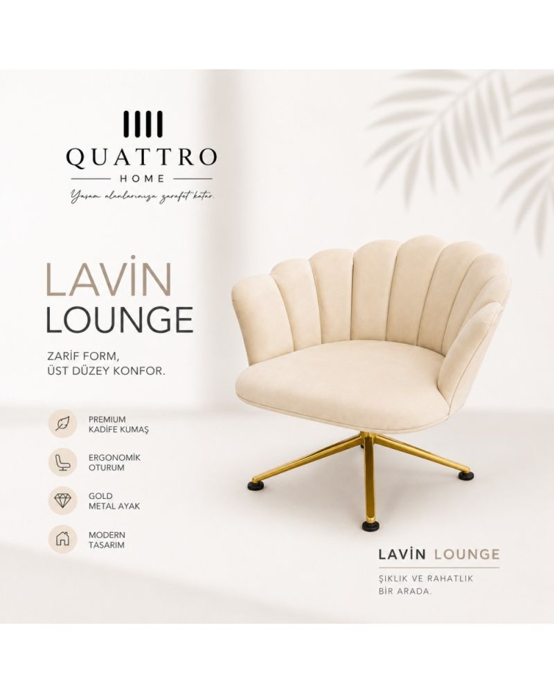 Lavin Lounge Krem Kadife Berjer - Gold Metal Ayaklı Modern Lounge Koltuk