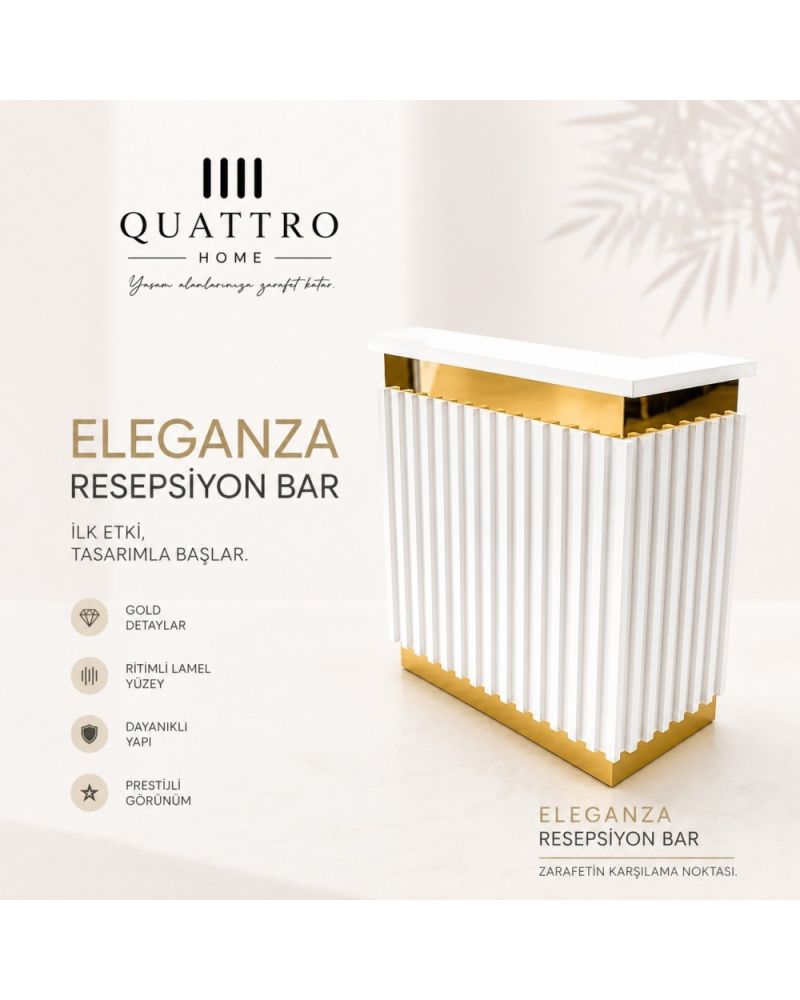 Eleganza Beyaz Gold Resepsiyon Bar - Lamel Yüzeyli Modern Karşılama Bankosu