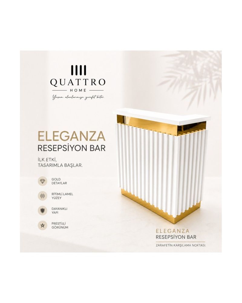 Eleganza Beyaz Gold Resepsiyon Bar - Lamel Yüzeyli Modern Karşılama Bankosu