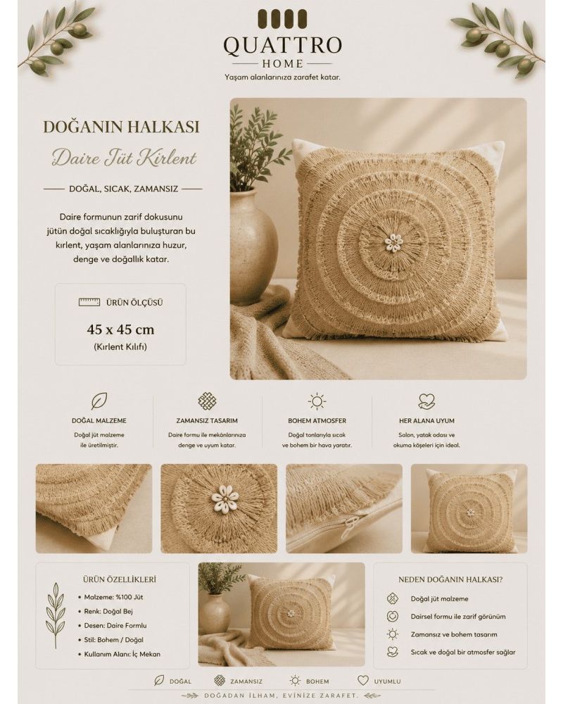 Daire Jüt Saçaklı Kırlent Dekoratif Bohem Yastık Kılıfı