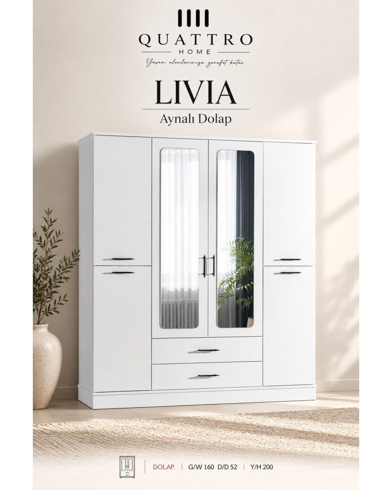 Livia 4 Kapaklı Aynalı 2 Çekmeceli Gardırop-Genişlik: 160 cm Derinlik: 52 cm Yükseklik: 200 cm