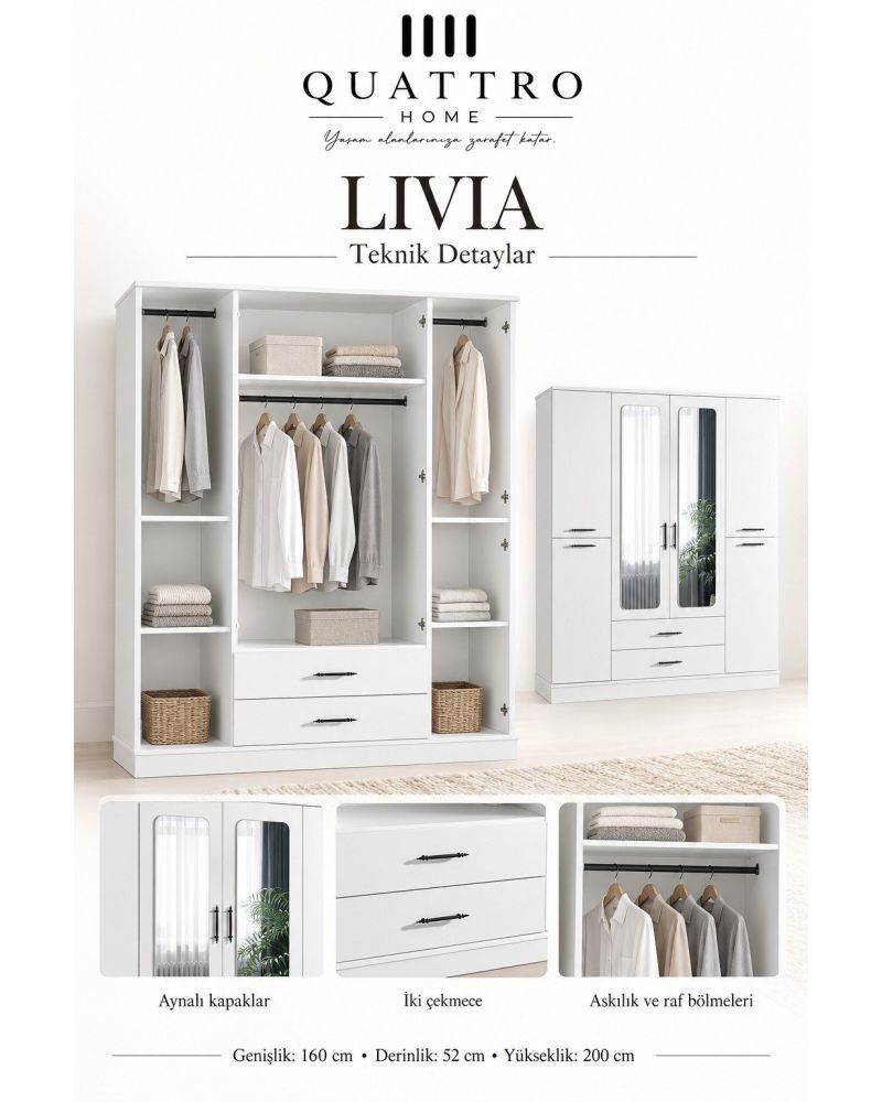 Livia 4 Kapaklı Aynalı 2 Çekmeceli Gardırop-Genişlik: 160 cm Derinlik: 52 cm Yükseklik: 200 cm