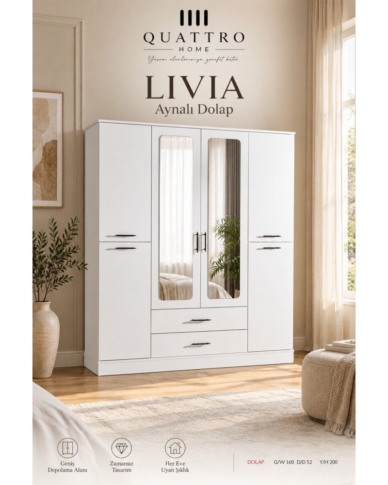 Livia 4 Kapaklı Aynalı 2 Çekmeceli Gardırop-Genişlik: 160 cm Derinlik: 52 cm Yükseklik: 200 cm