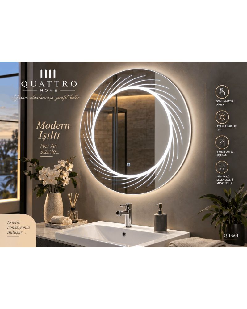 Dokunmatik Dimmer Özellikli Işıklı Yuvarlak Banyo Aynası-:60 cm--:70 cm--:80 cm--:90 cm-