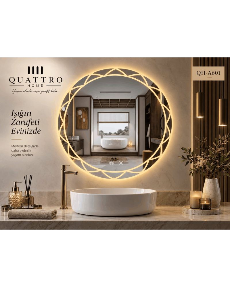 Dokunmatik Dimmer Özellikli Yuvarlak LED Işıklı Dekoratif Banyo Aynası-:60 cm--:70 cm--:80 cm--:90 cm-