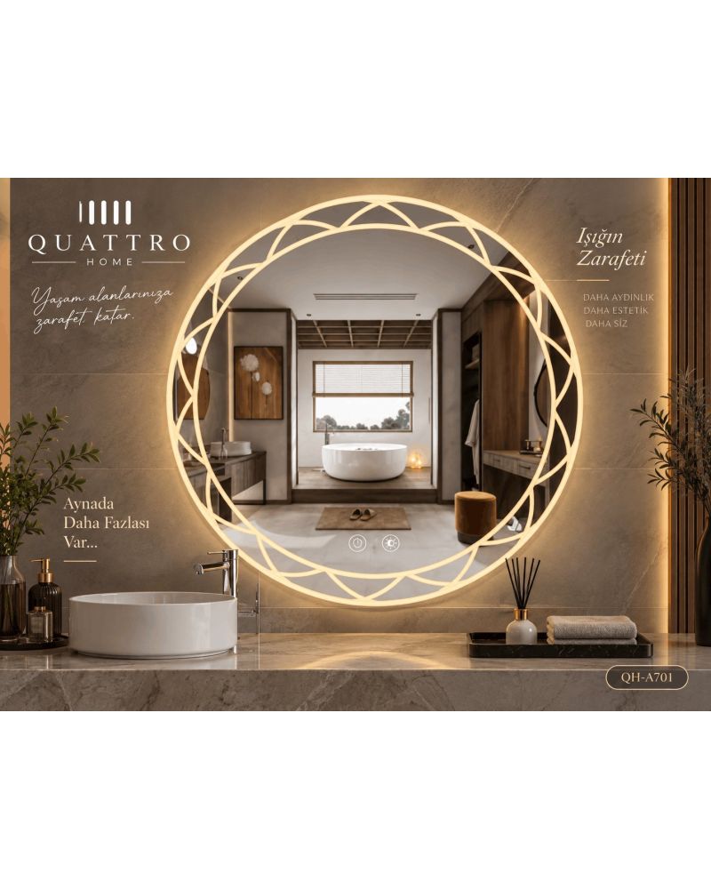 Dokunmatik Dimmer Özellikli Yuvarlak LED Işıklı Dekoratif Banyo Aynası-:60 cm--:70 cm--:80 cm--:90 cm-