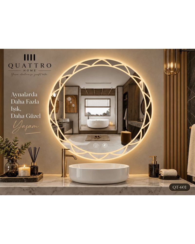 Dokunmatik Dimmer Özellikli Yuvarlak LED Işıklı Dekoratif Banyo Aynası-:60 cm--:70 cm--:80 cm--:90 cm-