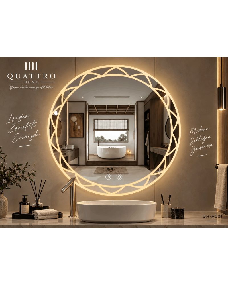 Dokunmatik Dimmer Özellikli Yuvarlak LED Işıklı Dekoratif Banyo Aynası-:60 cm--:70 cm--:80 cm--:90 cm-