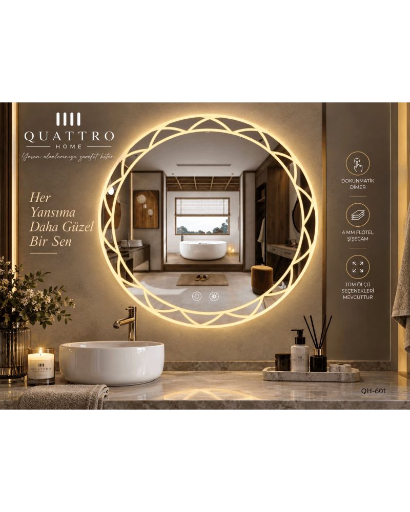 Dokunmatik Dimmer Özellikli Yuvarlak LED Işıklı Dekoratif Banyo Aynası-:60 cm--:70 cm--:80 cm--:90 cm-