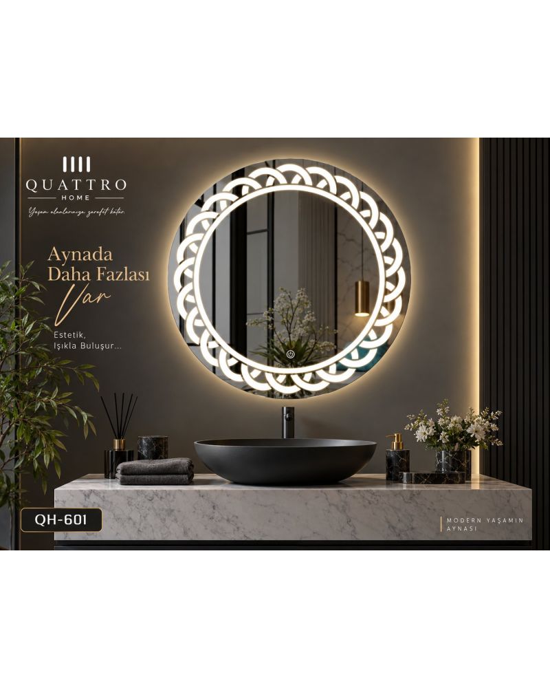 Dokunmatik Dimmer Özellikli Yuvarlak LED Işıklı Dekoratif Banyo Aynası-:60 cm--:70 cm--:80 cm--:90 cm-