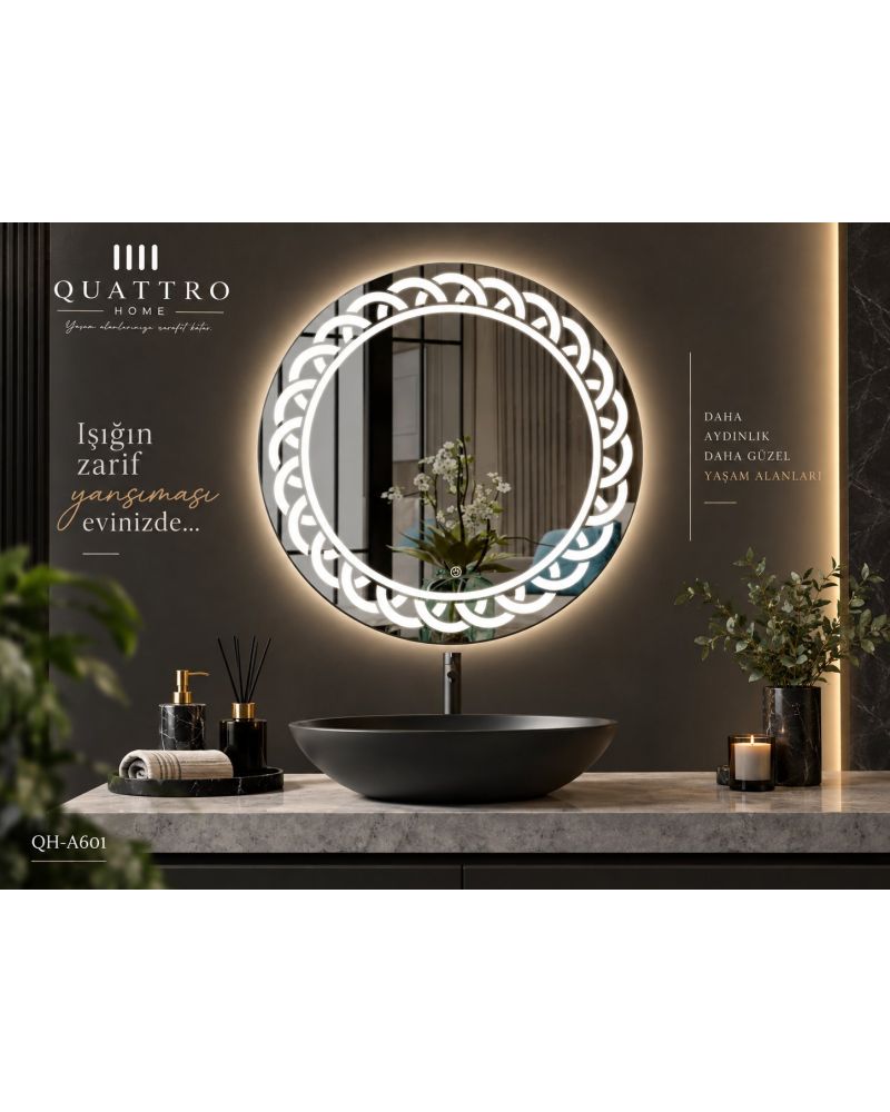 Dokunmatik Dimmer Özellikli Yuvarlak LED Işıklı Dekoratif Banyo Aynası-:60 cm--:70 cm--:80 cm--:90 cm-