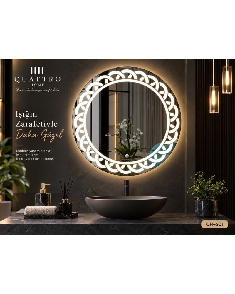 Dokunmatik Dimmer Özellikli Yuvarlak LED Işıklı Dekoratif Banyo Aynası-:60 cm--:70 cm--:80 cm--:90 cm-