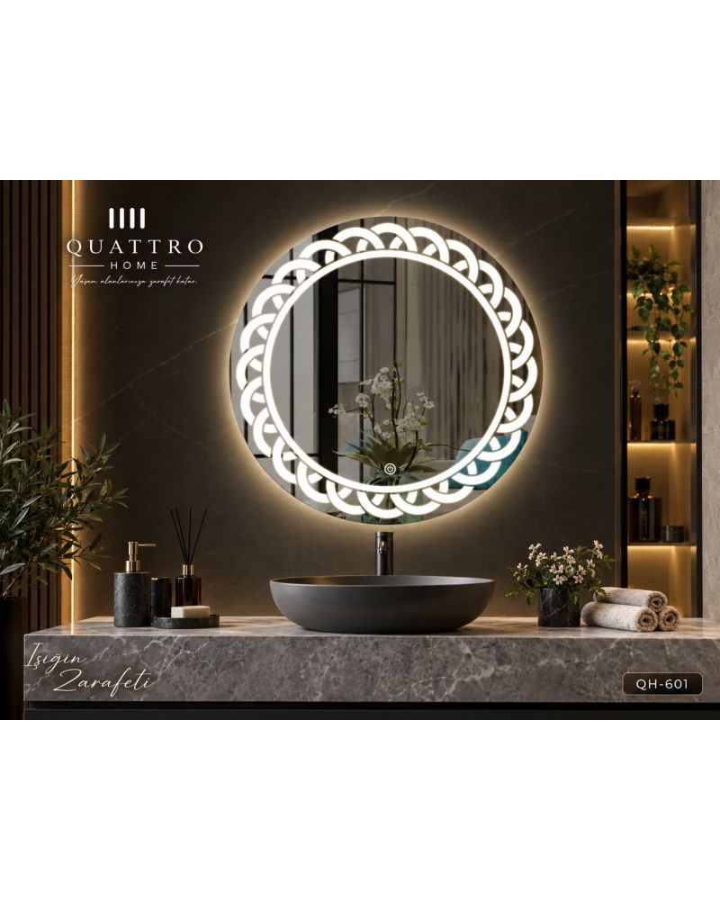 Dokunmatik Dimmer Özellikli Yuvarlak LED Işıklı Dekoratif Banyo Aynası-:60 cm--:70 cm--:80 cm--:90 cm-