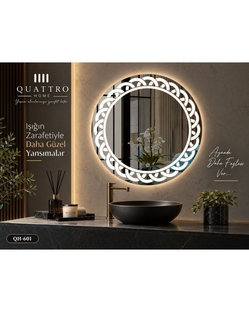 Dokunmatik Dimmer Özellikli Yuvarlak LED Işıklı Dekoratif Banyo Aynası-:60 cm--:70 cm--:80 cm--:90 cm-