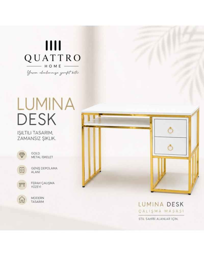 Lumina Desk Beyaz Gold Çalışma Masası - Çekmeceli Modern Ofis Masası