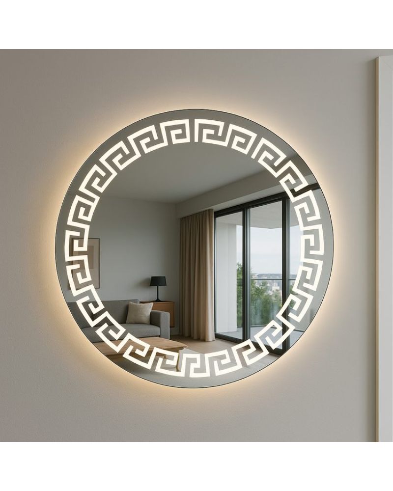 Dokunmatik Dimmer Özellikli Geometrik Desenli LED Işıklı Yuvarlak Ayna 100 cm