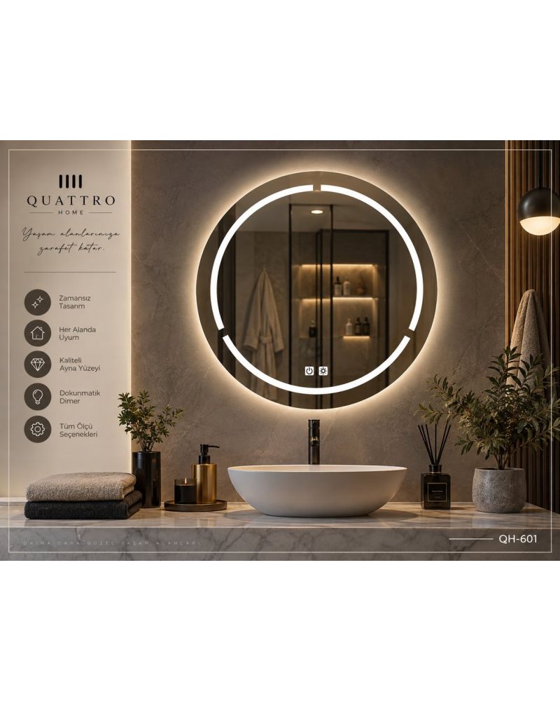Dokunmatik Dimmer Özellikli Yuvarlak LED Işıklı Banyo Aynası 100 cm