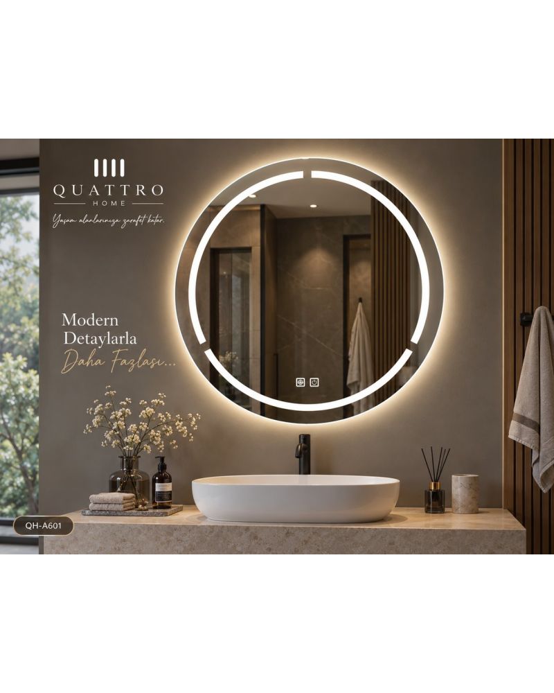 Dokunmatik Dimmer Özellikli Yuvarlak LED Işıklı Banyo Aynası 100 cm