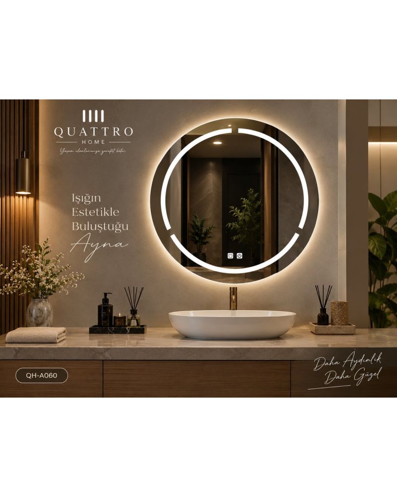 Dokunmatik Dimmer Özellikli Yuvarlak LED Işıklı Banyo Aynası 100 cm