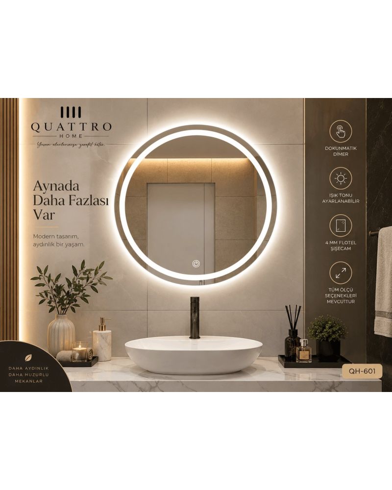 Dokunmatik Dimmer Özellikli Yuvarlak LED Işıklı Banyo Aynası-ayna-60 cm--:70 cm--:80 cm--:90 cm-