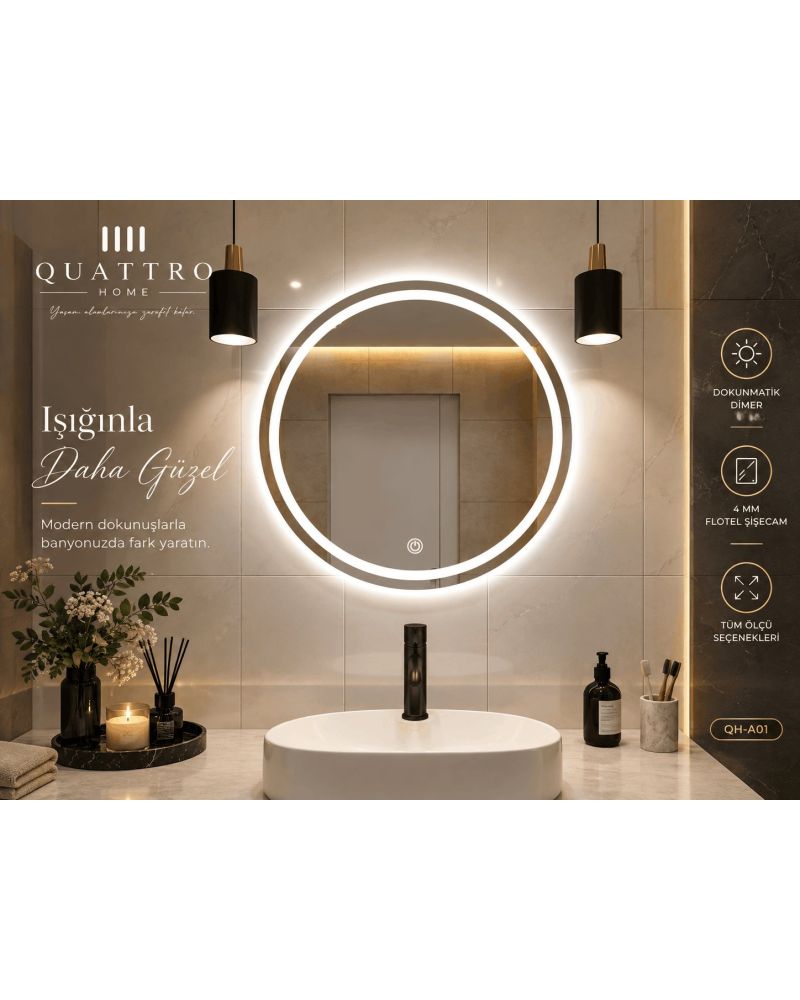 Dokunmatik Dimmer Özellikli Yuvarlak LED Işıklı Banyo Aynası-ayna-60 cm--:70 cm--:80 cm--:90 cm-