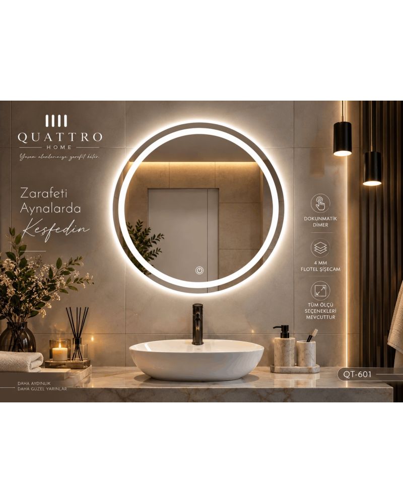 Dokunmatik Dimmer Özellikli Yuvarlak LED Işıklı Banyo Aynası-ayna-60 cm--:70 cm--:80 cm--:90 cm-