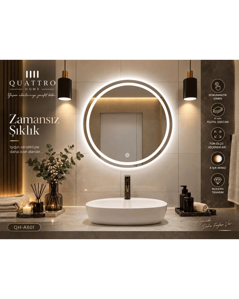 Dokunmatik Dimmer Özellikli Yuvarlak LED Işıklı Banyo Aynası-ayna-60 cm--:70 cm--:80 cm--:90 cm-