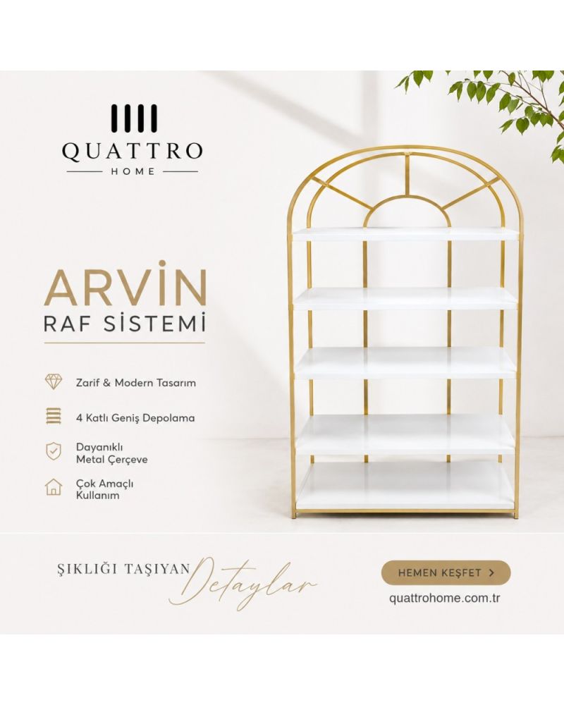 Arvin Raf Sistemi Beyaz Gold 4 Katlı Modern Metal Raf