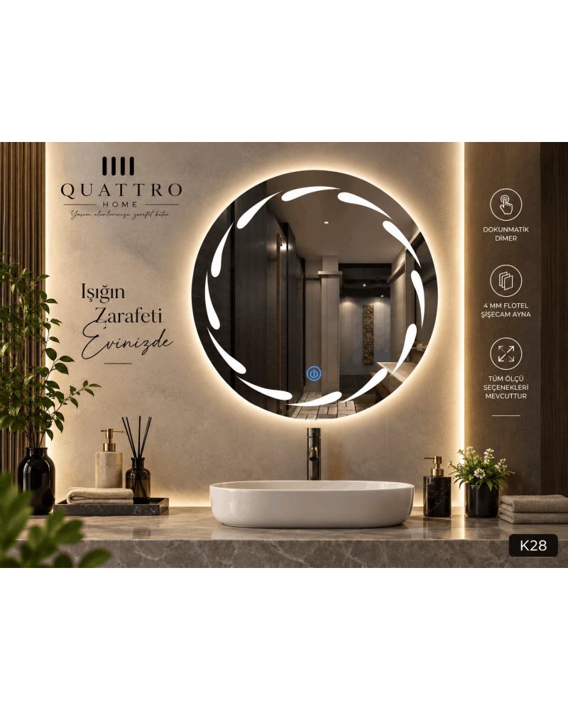 Damla LED Işıklı Yuvarlak Banyo Aynası--60 cm--:70 cm--:80 cm--:90 cm-