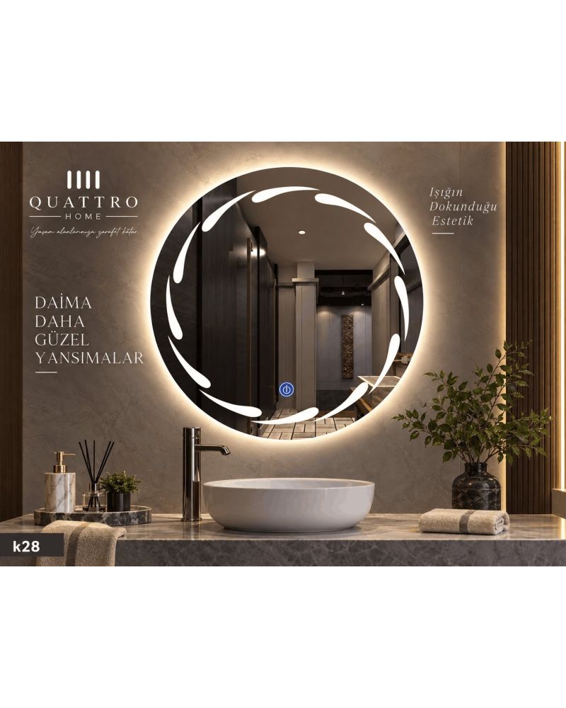 Damla LED Işıklı Yuvarlak Banyo Aynası--60 cm--:70 cm--:80 cm--:90 cm-