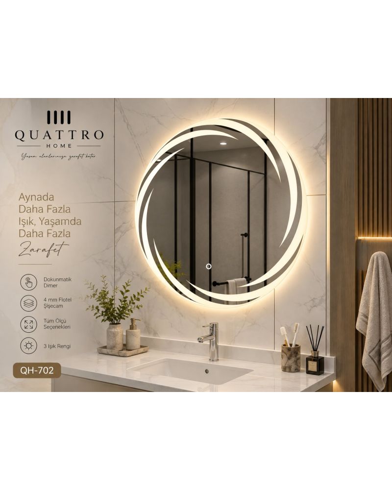 Dokunmatik Dimmer Özellikli Yuvarlak LED Işıklı Banyo Aynası-Banyo Aynası-:60 cm--:70 cm--:80 cm--:90 cm-