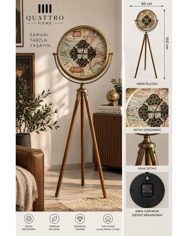 Ayaklı Çarklı Saat Tasarımı Tripod Ayaklı Dekoratif Saat
