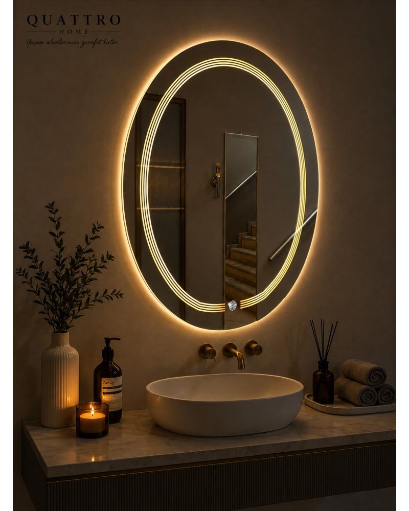 3 Çizgi LED Aydınlatmalı Oval Dekoratif Makyaj Aynası