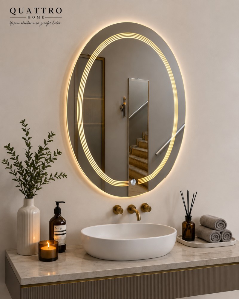 3 Çizgi LED Aydınlatmalı Oval Dekoratif Makyaj Aynası