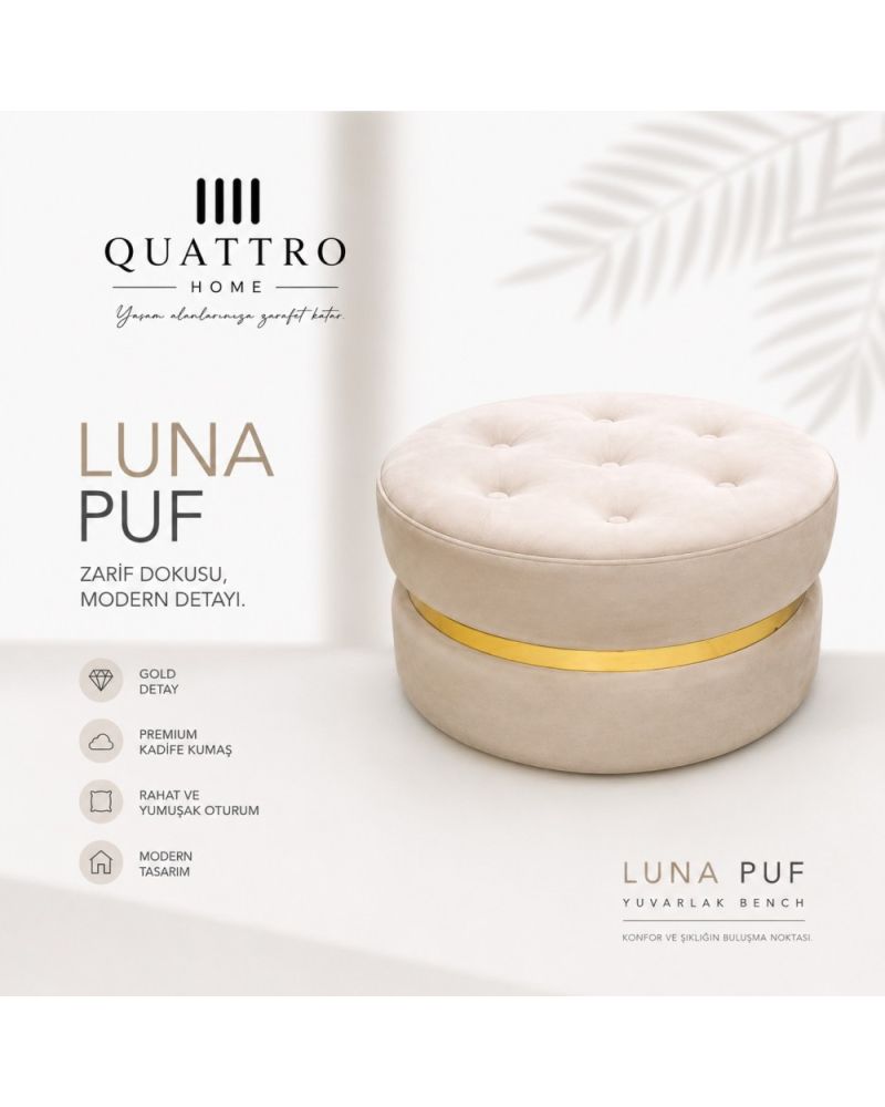 Luna Puf Krem Yuvarlak Kadife Bench - Gold Detaylı Modern Puf