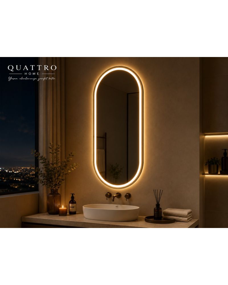 Oval Kapsül Form LED Banyo Aynası - Dokunmatik Dimmerli Dekoratif Ayna