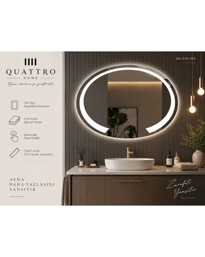 Kesik Oval Işıklı Banyo Aynası 70*50