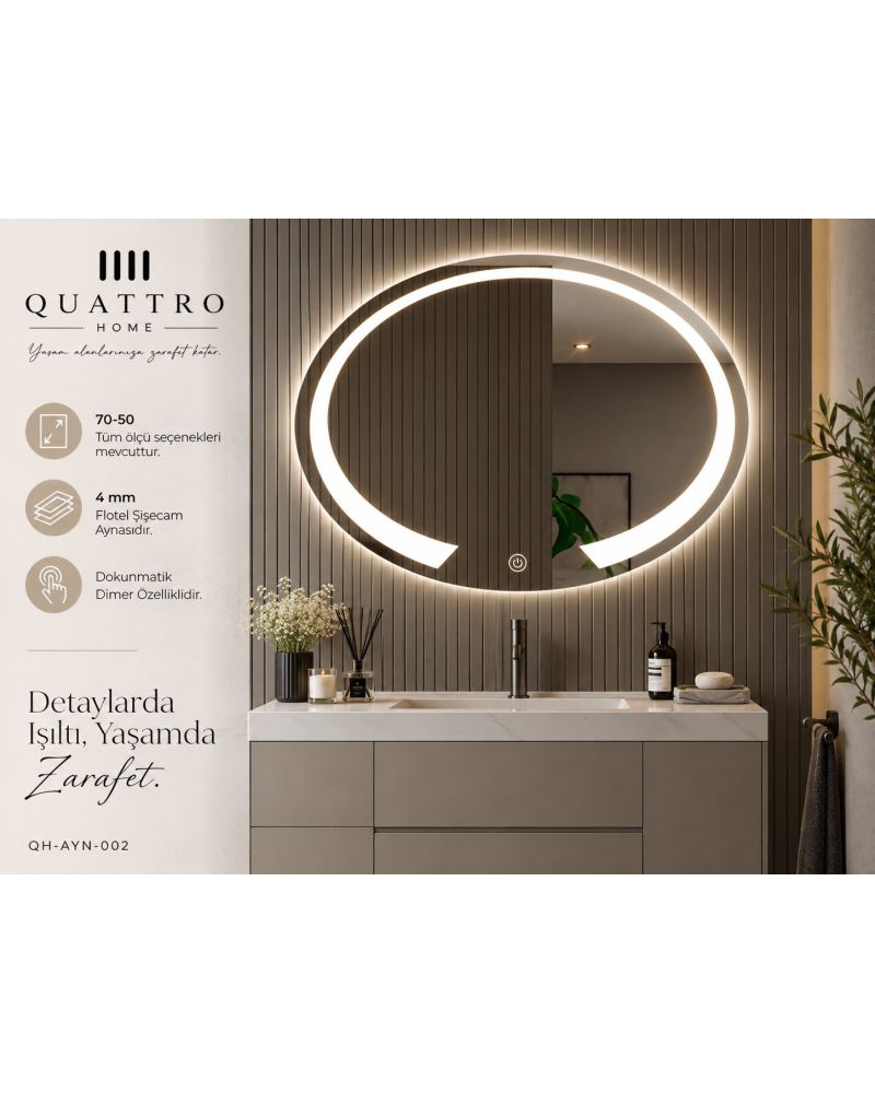 Kesik Oval Işıklı Banyo Aynası 70*50