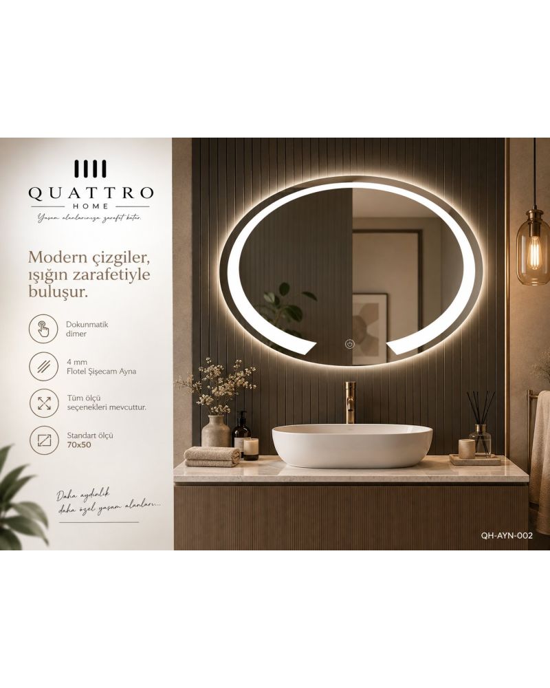 Kesik Oval Işıklı Banyo Aynası 70*50