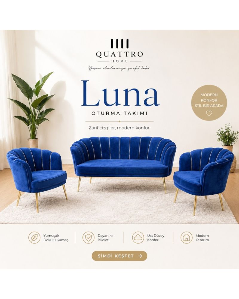 Luna Oturma Takımı Saks Mavisi Gold Modern Tasarım 2+1+1