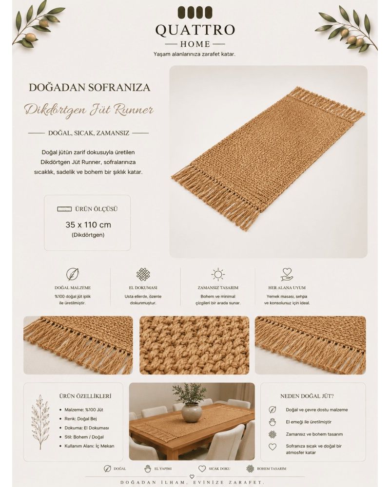 Runner Dikdörtgen 35x110 cm Saçaklı Hasır Görünümlü Dekoratif Masa Örtüsü