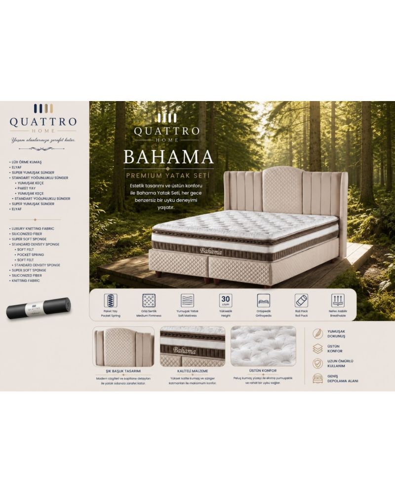 Bahama Premium Çift Kişilik Yatak Seti Ortopedik Pocket Yaylı Sandıklı Baza Başlık Takımı 30 cm