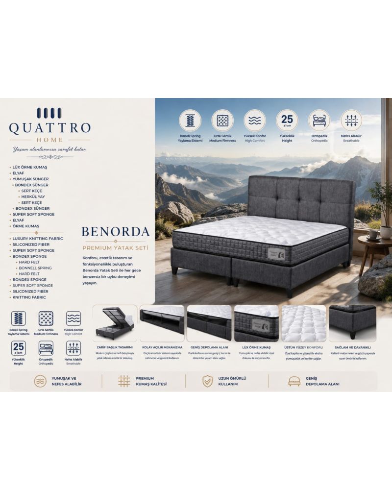 Benorda Premium Yatak Seti Orta Sert Bonel Yaylı Ortopedik Çift Kişilik Yatak Takımı