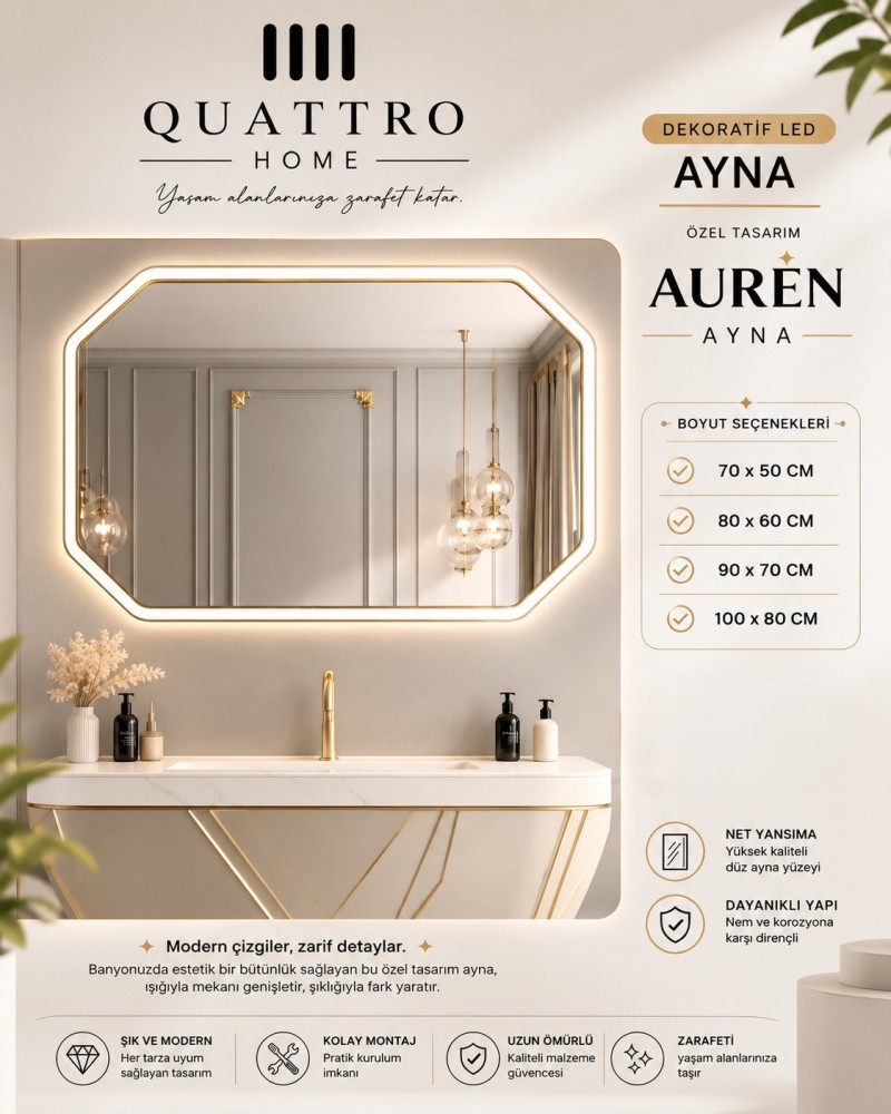 Auren Dekoratif LED Ayna | Gold Detaylı Modern Banyo Aynası