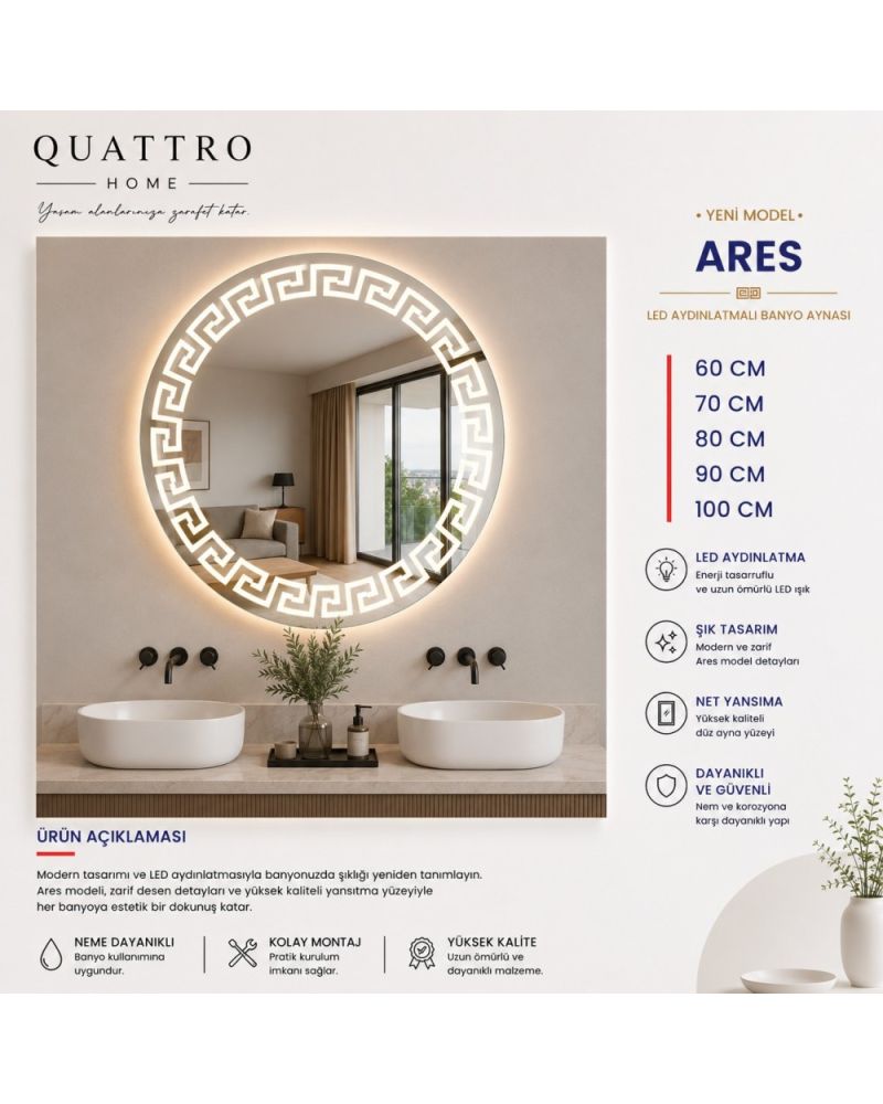 Ares LED Aydınlatmalı Banyo Aynası | Yuvarlak Desenli Modern Ayna